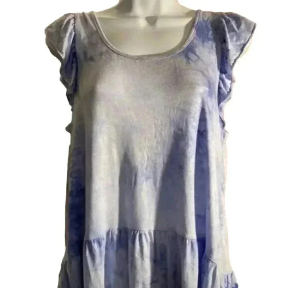 WILLOW Blue Tie Dye Ruffle Sleeve Tiered Peplum Top L